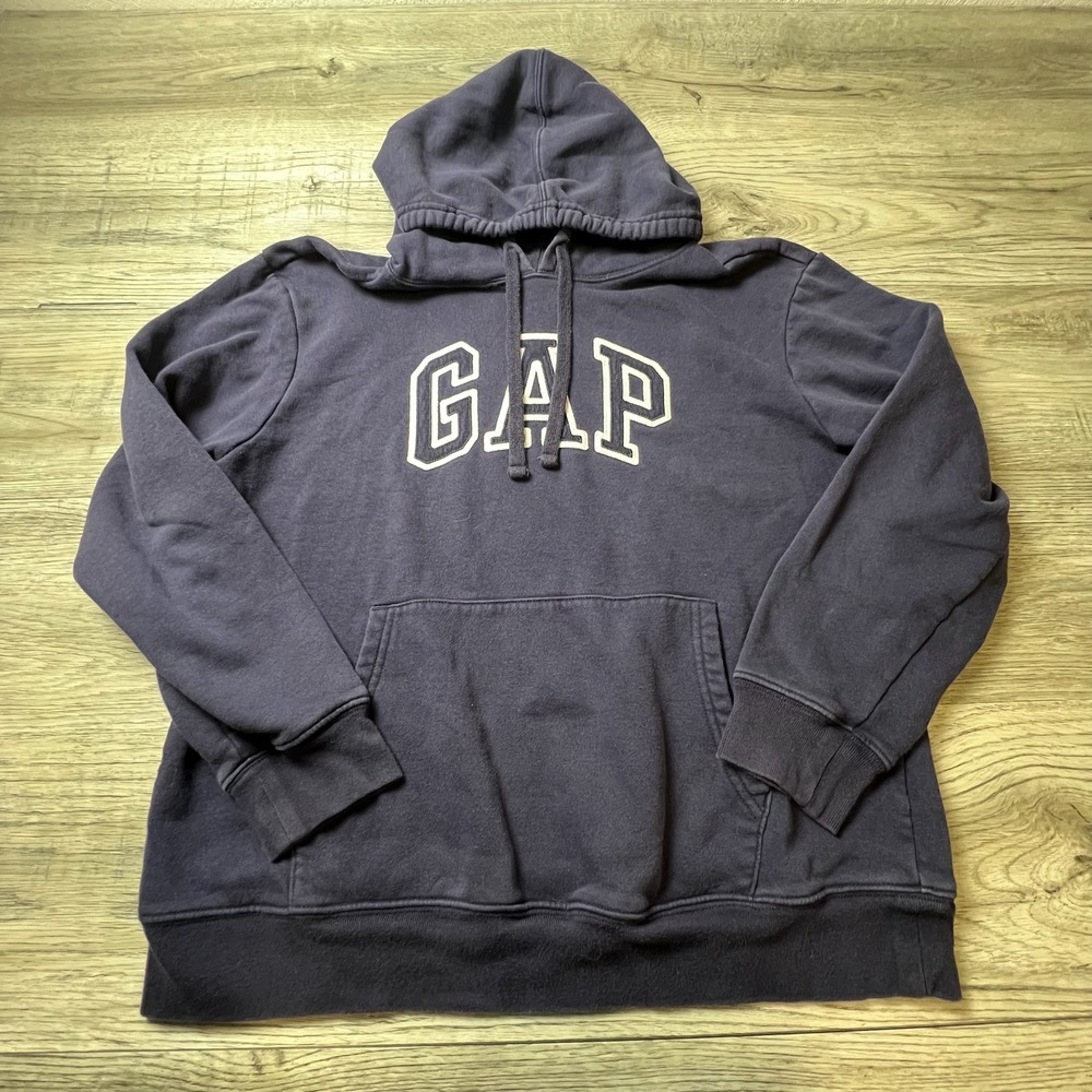 Gap Hoodie Mens Large Navy‎ Blue Arch Logo Fleece Pullover Sweatshirt Casual